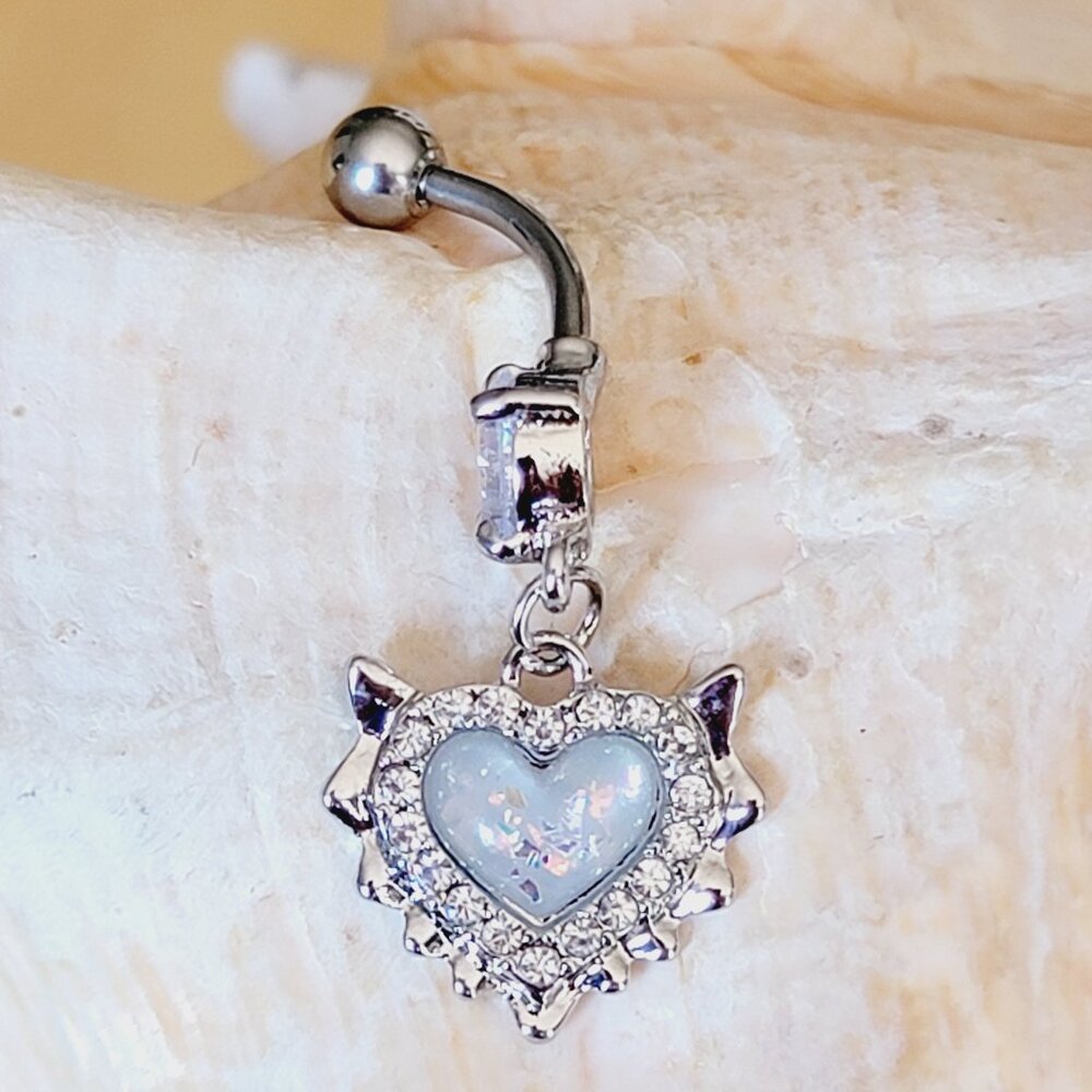 Dangle heart devil horns belly button ring clear CZ white imitation opal NWT